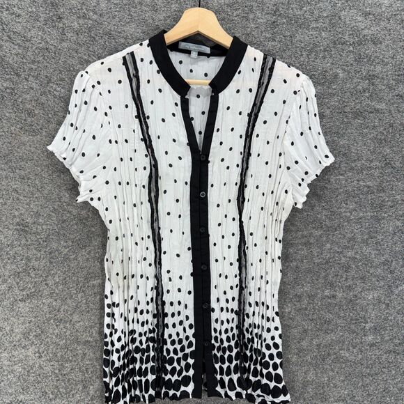 NY Collection Top Women XL White Polka Dot Button Up V-Neck Short Sleeve Casual - Picture 1 of 6